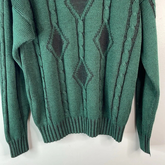 VINTAGE 90’s Men’s Grandpa Sweater Forest Green Black Cable Knit Drop Shoulder S - Picture 5 of 10